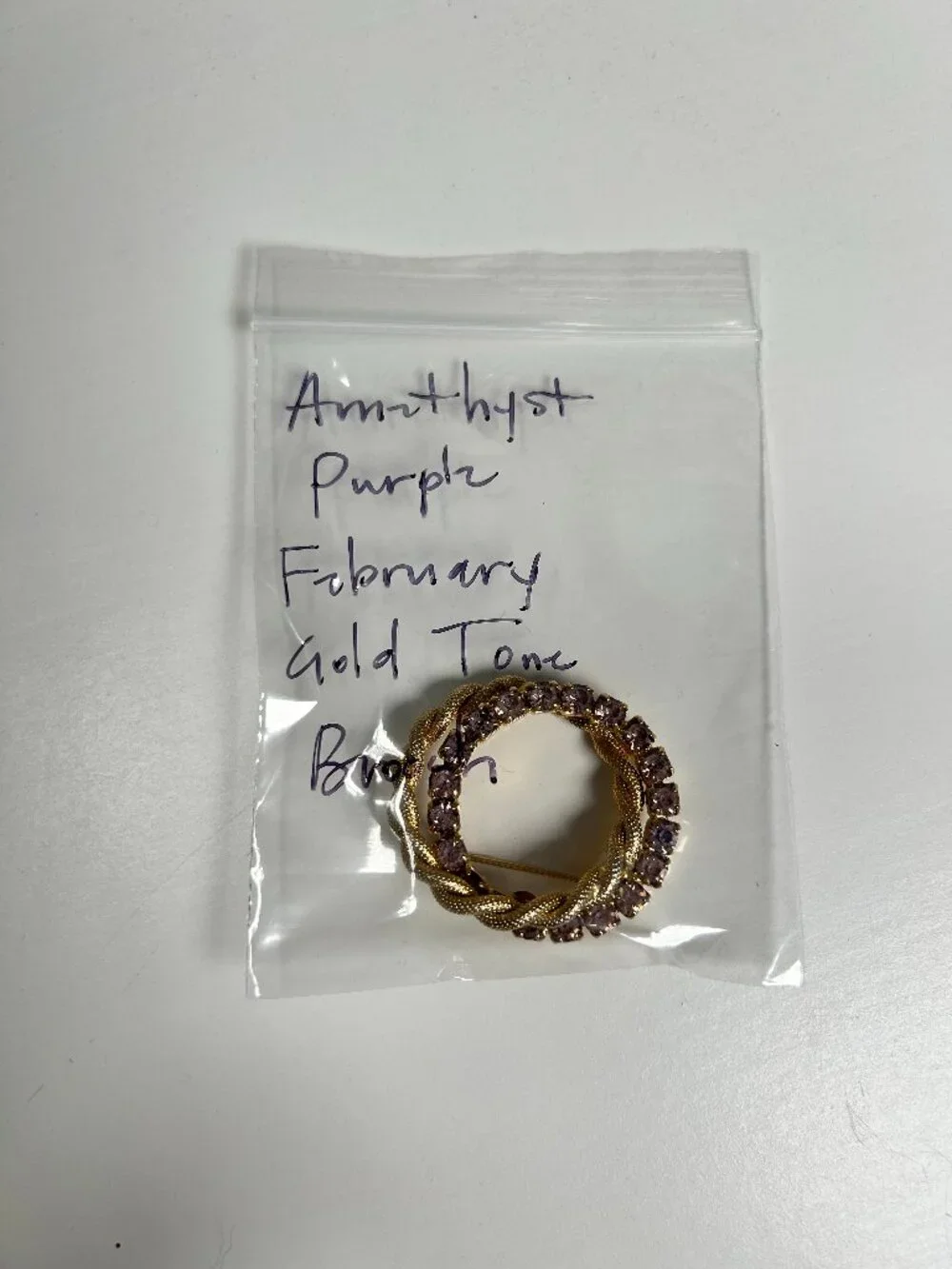 Vintage Style Gold Tone Amethyst February Rhinestone Circle Wreath Brooch